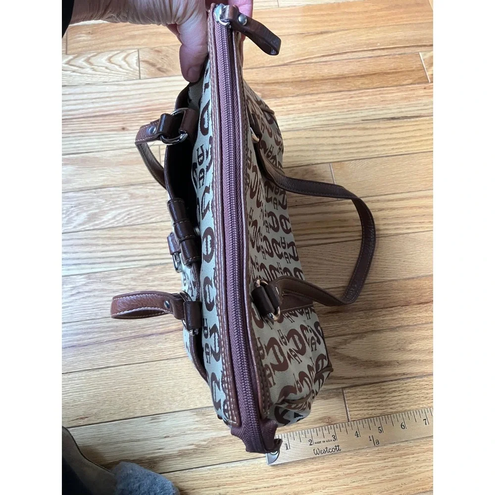 Etienne‎ Aigner Monogram Canvas Shoulder Bag Brown Leather Trim Equestrian